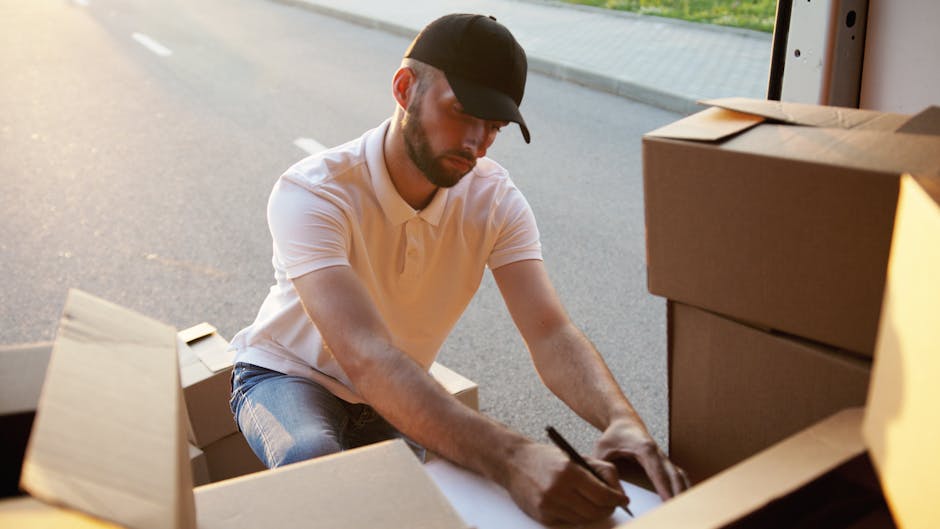 Close-up of a man wearing a white t-shirt, holding a black clipboard with a silver pen in his right hand, and inspecting or noting details during the home relocation process. In the background, there are several cardboard boxes stacked inside a room, some wrapped in plastic or fabric for protection. The scene suggests an organised packing and moving or furniture transport activity, with the man possibly overseeing the packing, loading, or inventory of belongings as part of a professional removals service. The environment is well-lit, and the focus is on the man's arm and hand, capturing the careful handling and documentation involved in house removals, aligning with the services provided by companies like Man with Van Harringay.