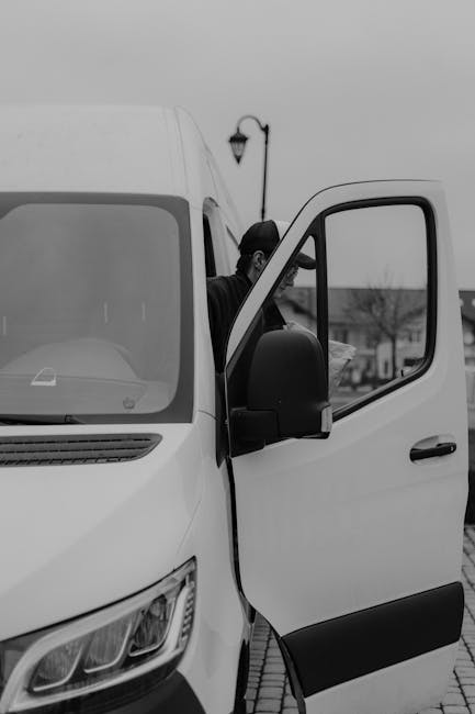 A male mover wearing a black cap, white T-shirt, and wireless earbud is seen outside near the back of a large moving van. Inside the van, several medium-sized cardboard boxes are stacked neatly, prepa